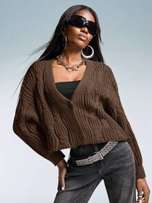 Aveloria GENKIRA Cable Knit Drop Shoulder Cardigan Oversized Sweater  - Coffee Brown - View 6