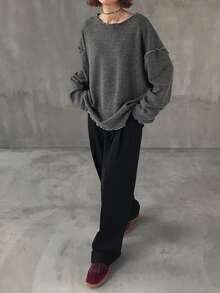 FRIFUL 女士撞色圆领落肩长袖撞色包边装饰宽松休闲百搭T恤，秋冬款 - 灰色 - 查看 2