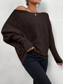 EMERY ROSE Solid Color Asymmetric-Shoulder Loose Fit Pullover Knit Sweater - Coffee Brown - View 5