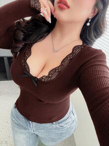 Vibekara Áo thun tay dài dệt kim phối ren chắp vá cỡ lớn dành cho nữ, phù hợp làm lớp lót trong mùa thu/đông - màu nâu - Xem 4