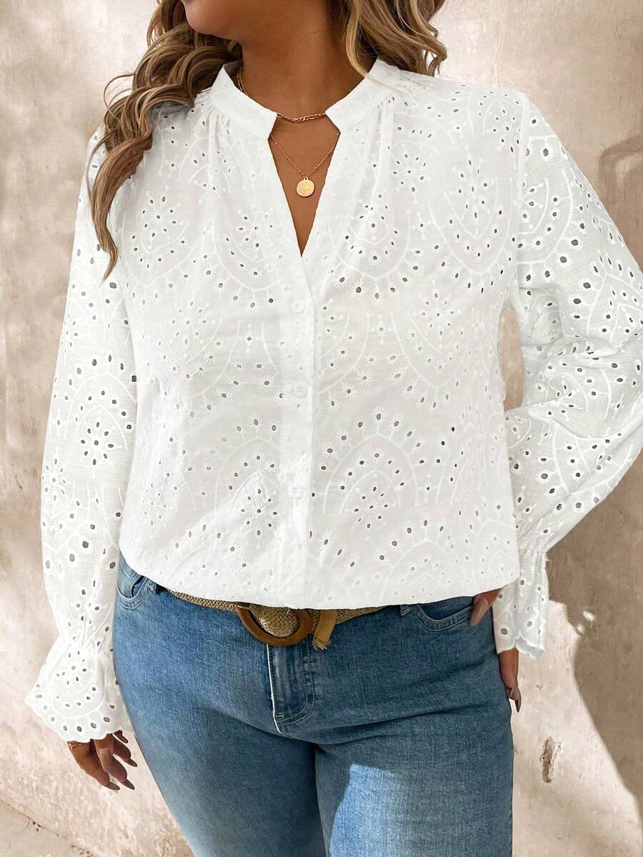 SHEIN Plus Size Women Fashion Elegant Casual Mesh Embroidered Blouse - White - View 1