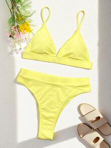 SHEIN Swim 女士夏季沙滩纯色性感比基尼泳衣套装，随机印花 - 黃色 - 查看 3