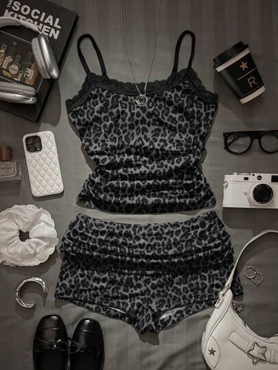 Attitoon Women's Casual Vintage Lace Patchwork Ruched Camisole Top And Low Waist Mini Bodycon Shorts Set, Suitable For Y2K, Vintage, Leopard Print