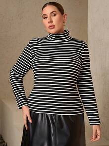 Chikora Plus Size Women's Thermal Lined Long Sleeve Turtle Neck T-Shirt,Black And White Striped Autumn Winter Smart Casual Hiking Elegant Streetwear Top - Black and White - View 4