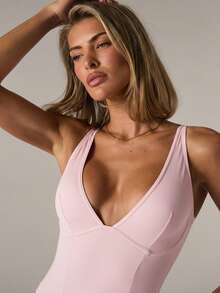 SHEIN BAE 女式性感深V领连体裤，夏季 - 粉色 - 查看 3