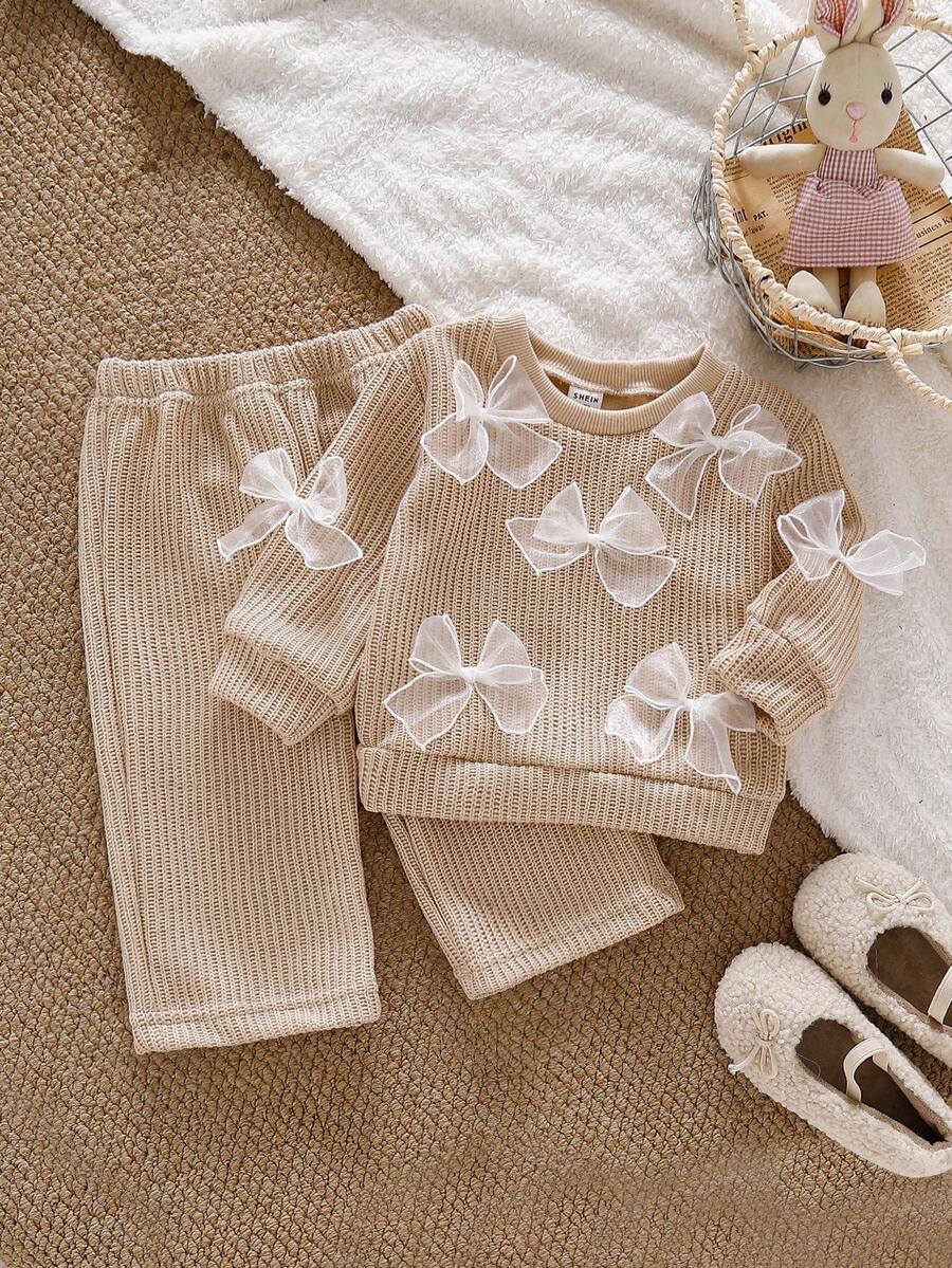 SHEIN Baby Girl Bow Decor Round Neck Long Sleeve T-Shirt And Pants Casual Outfit - Brown - View 1
