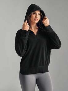 SHEIN Sports 女士纯色落肩长袖休闲宽松卫衣 - 黑色 - 查看 4