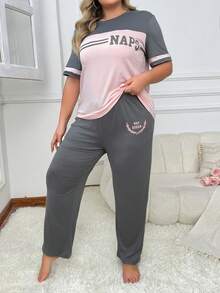 Lazeform Conjunto de pijama de talla grande con bloque de color, estampado de letras en la parte superior de manga corta y pantalón largo de unicolor, conjunto de ropa