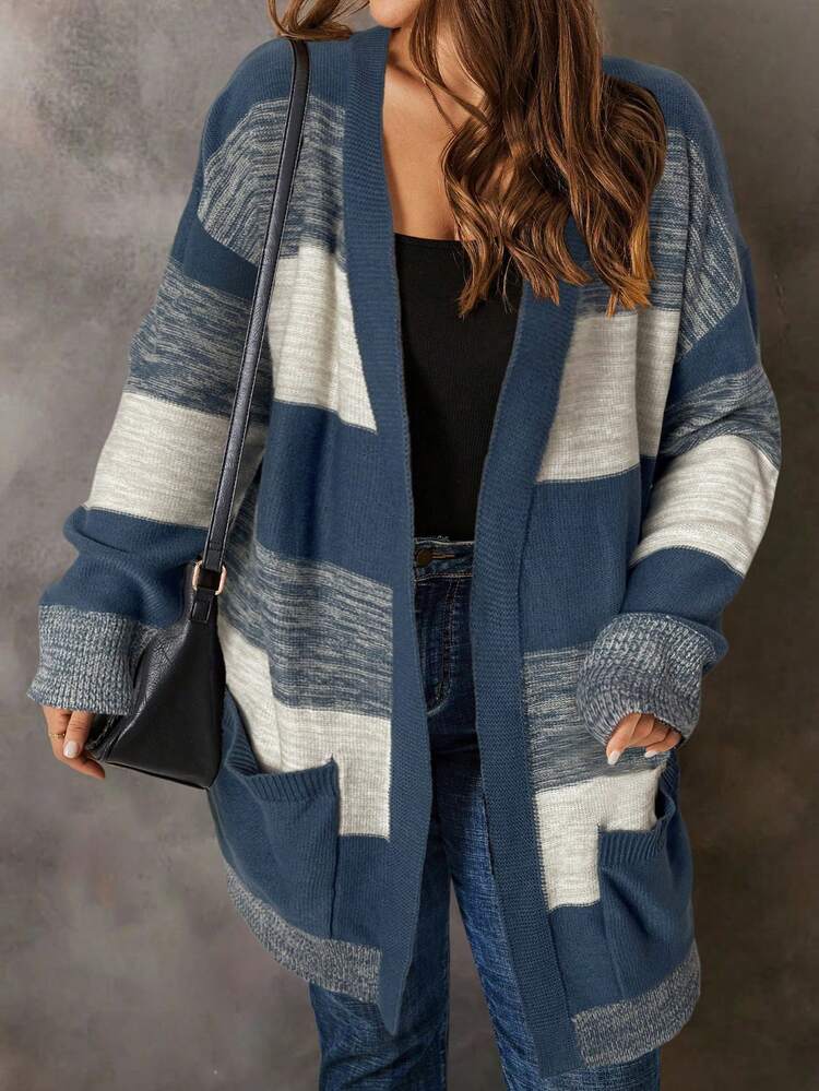 Plus Size Women's Dropped Shoulder Long Sleeve Casual Vacation Tie-Dye Striped Cardigan, Autumn/Winter