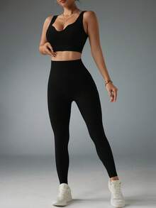 Dewbera 无缝高弹力运动健身文胸和紧身裤套装 - 黑色 - 查看 6