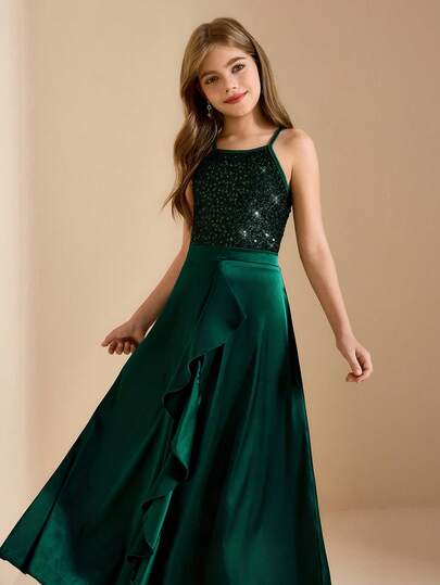 Elegant Glamorous Sleeveless Beaded Midi Dress For Tween Girls, Emerald Green, Suitable For Evening Party, Christmas, Halloween, Wedding, Birthday, Performance