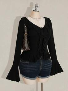 SHEIN ICON 大码女式复古 Y2K 荷叶边领 V 领长袖罗纹针织上衣，秋冬针织毛衣 - 黑色 - 查看 3