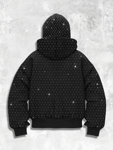 ROMWE MEN Street Life Fashionable Rhinestone Embellished Hooded Sweatshirt With Pockets, Zipper Front Sweatshirt Hoodie For Men , Fall Winter