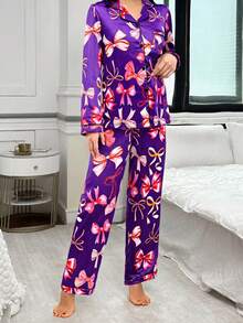 Bowknot Faux Silk Lapel Cardigan Long Sleeve Top & Pants Pajama Set, Fall & Winter Clothes - Multicolor - View 5