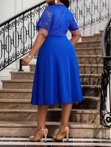 Fleurora Plus Size Women's Elegant Party Solid Color Lace Patchwork Midi Dress - Navy Blue - View 6