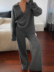 Livesso Ensemble deux pièces pull ample col V et pantalon, décontracté, automne pour femmes - Gris foncé - Voir 3