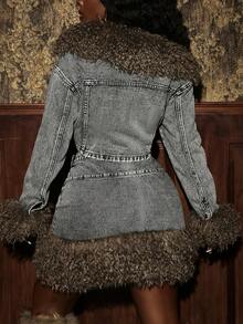 Slaydiva Women's Autumn/Winter Fur Collar Single-Breasted Short Denim Jacket Women's Winter Jacket - Black - View 2