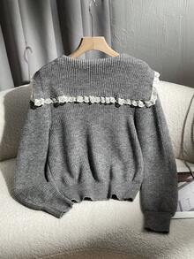 SHEIN Unity 全新秋冬蕾丝边海军蓝学院风可爱甜美水手领开衫 - 灰色 - 查看 2