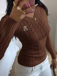 SHEIN EZwear Women's Casual Cable Knit V-Neck Bear Pattern Sweater, Autumn/Winter Brown Sweater Coffee Brown Top Brown Top Women Brown Long Sleeve Top Chocolate Brown Top,Fall,Fall Clothes For Women - Mocha Brown - View 7