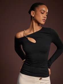 L'Amorae Women's Hollow Out Shoulder Fitted Sexy Blouse - Black - View 3