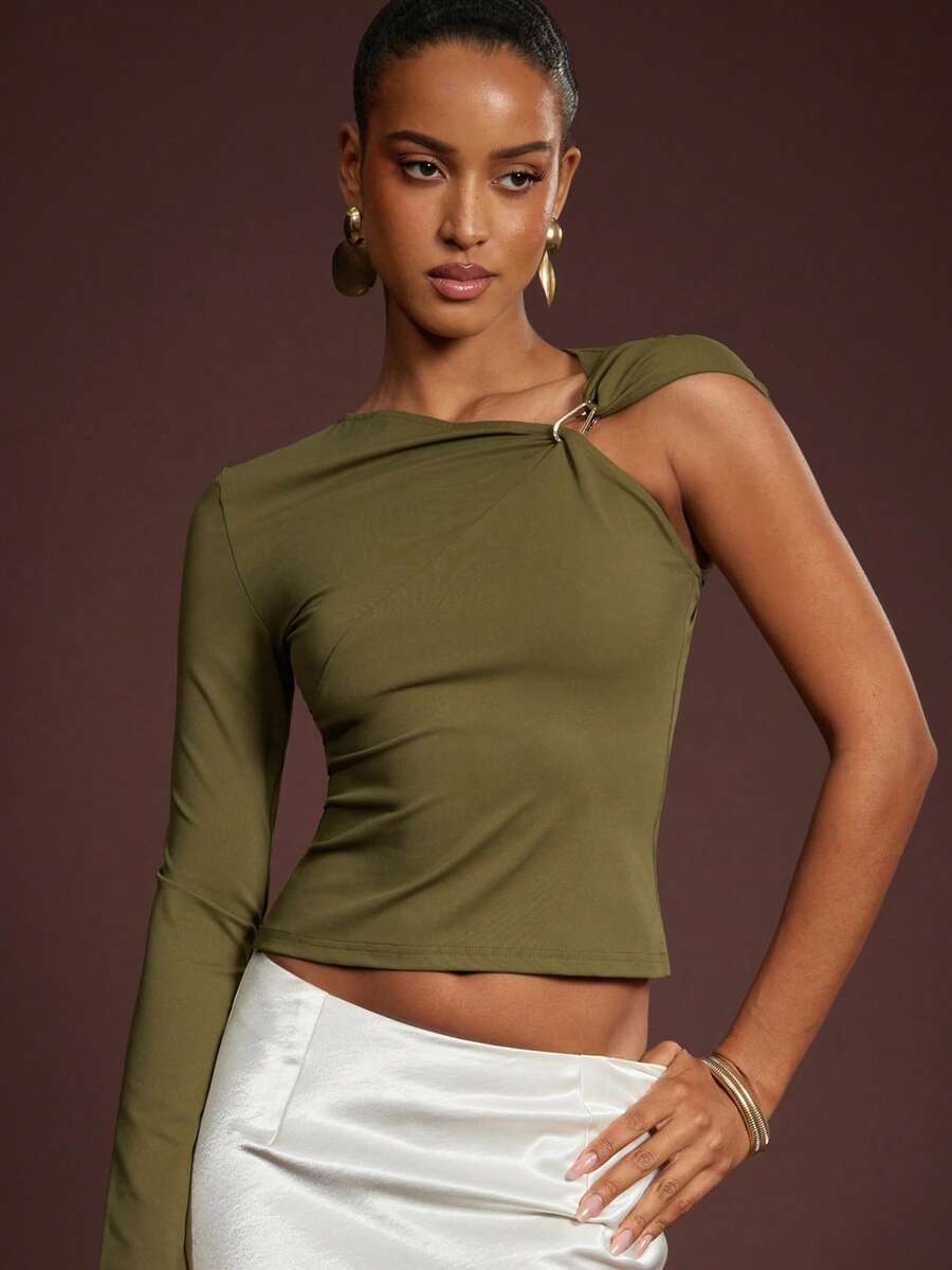 L'Amorae Asymmetric Single Sleeve Twist Metal Decor Top - Army Green - View 1