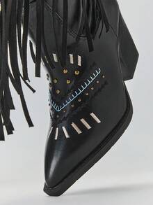 Solezae Botas occidentales de media pantorrilla con punta puntiaguda, tacón grueso, tachuelas y bordados para mujer - Negro - Ver 7