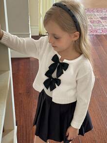 SHEIN Young Girl Bowknot Cardigan With Round Neck, Casual For Daily Wear, Autumn/Winter,Long Sleeve Tops, Elegant & Cute, High Quality, Warm & Soft, Versatile For Play, Daily Wear, School, Autumn & Winter,Back To School Season.College Style