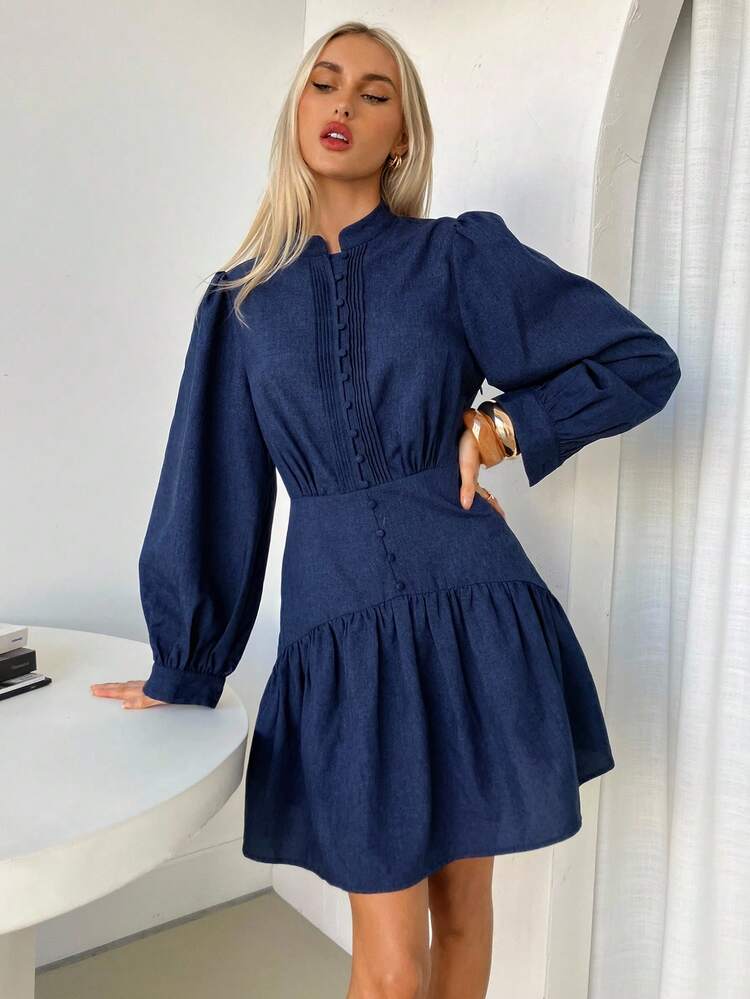 puffy dress casual Siren Gaze Women's Navy Blue Autumn Elegant Work Denim Dress,Button Design Puff Lantern Long Sleeve Pleated Mini Evening Dress,French Style Women's Sexy Bodycon Tight vt::Dresses::Dress Style::Slip Dress Decadent tiers and voluminous Color:Berry short puffy dress