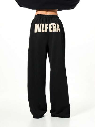 SUMWON WOMEN Oversized Wide Leg High Rise Sweatpants With Bold Back Graphic Print Statement Casual Loungewear