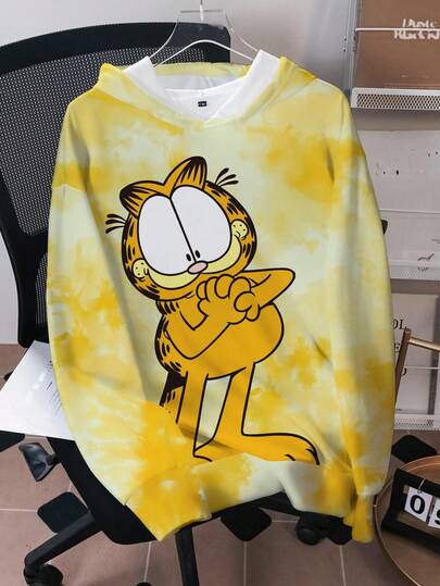 GARFIELD | SHEIN Men's Casual Tie-Dye Cat Print Drop Shoulder Hoodie, Autumn