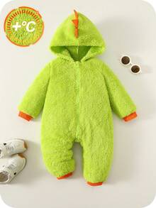 SHEIN Baby Boys Contrast Neon Green Thermal Lined Cute Dinosaur Hooded Romper, Comfortable Casual Fashionable Everyday Outfit, Suitable For Indoor, Outdoor, Skiing, Daily Wear, Sports, Party, Photo Shoot, Festival, Streetwear, Christmas, New Year