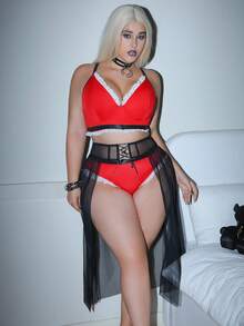 AltCore 3 pièces Ensemble de lingerie sexy en dentelle et patchwork de couleurs contrastées pour femmes, éléments sombres de Noël - Multicolore - Voir 1