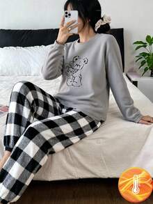 Winter  1set Teen Girl Casual Crew Neck Embroidered Long Sleeve Fleece Sweatshirt And Black White Plaid Fleece Pants Elegant Loungewear Pajama Set, Suitable For Winter Grey Pajama Set - Multicolor - View 1