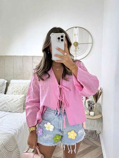 INAWLY Women's Solid Color Front Tie Casual Summer Shirt