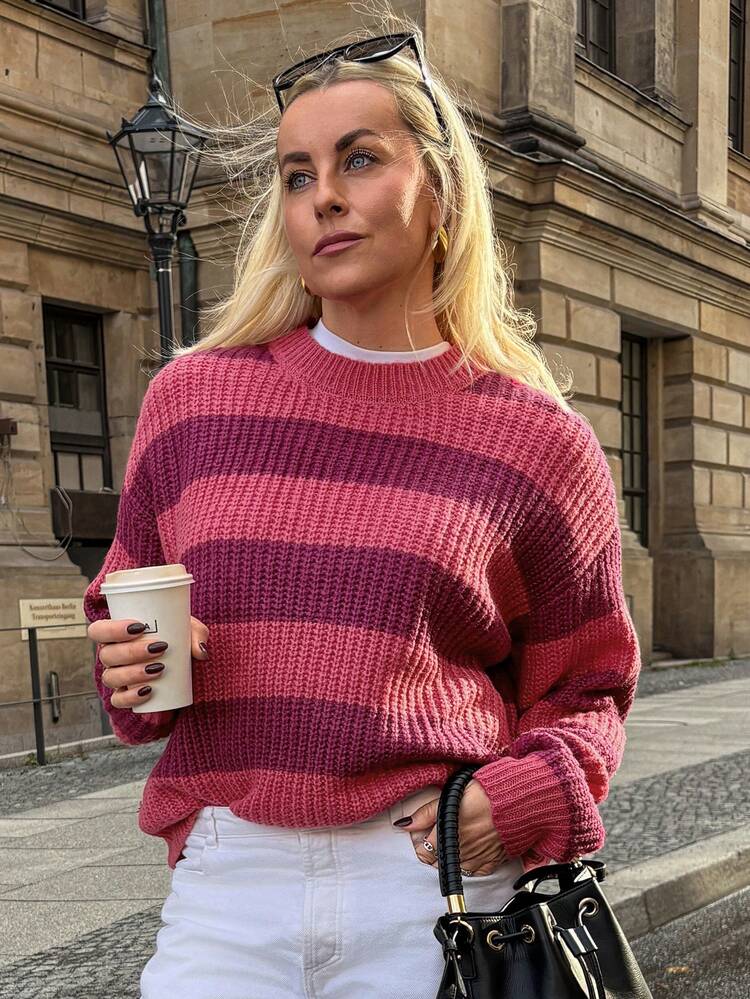Women's Casual Everyday Commute Colorblock Striped Pattern Dropped Shoulder Loose Pullover Sweater, Autumn/Winter