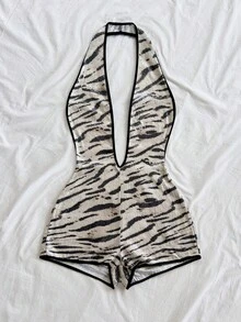 Soleia Women's Vacation Zebra Print Sequin Fabric Deep V Neck Backless Sexy Fitted Romper, Party Jumpsuit, Suitable For Cruise, Holiday, Date, Afternoon Tea, Nightclub, Beach, Island Vacation, Road Trip, Music Festival, Boho Vacation, Can Be Worn Inside Or Outside, All Season Beach Clothes Zebra Print Clothes Summer Swimsuit Swimsuits Casual Zebra Print Bathing Suit - Black and White - View 5