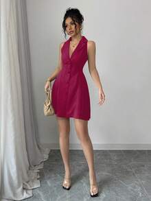 Elenzga 女士纯色翻领单排扣休闲无袖迷你连衣裙 - 紫紅色 - 查看 6