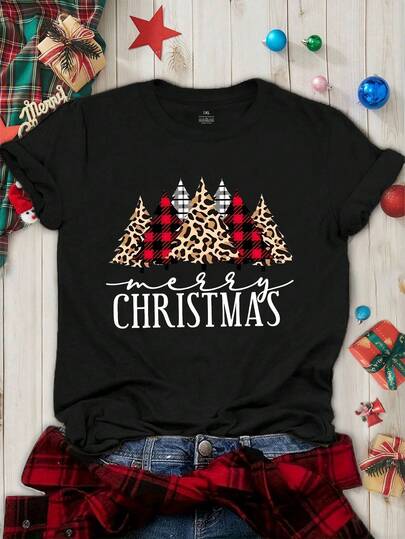 EMERY ROSE Plus Size Women'S Christmas T-Shirt, Festive Merry Christmas Wine Glasses Print, Crew Neck, Short Sleeve, All Season Holiday Tee