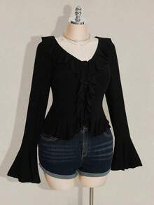 SHEIN ICON 大码女式复古 Y2K 荷叶边领 V 领长袖罗纹针织上衣，秋冬针织毛衣 - 黑色 - 查看 4