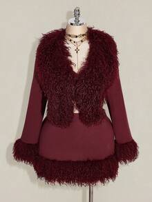 SHEIN ICON Plus Size Wine Red Faux Fur Collar Patchwork Knit Long Sleeve Bodycon Skirt Burgundy Outfit Women Maroon Outfits For Women/Winter Fringe Outfits Women