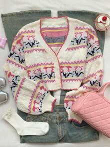 CovetEZ Women's Autumn Winter Pink Fair Isle Sweet Retro Pattern Long-Sleeved Knitted Sweater, Crop Top, Jacket, Cardigan, Cropped Sweater, Retro , 90s , Women's Winter , Women's Winter , Women's Autumn , Christmas Women's , Christmas Sweater, Christmas Sweater, New Year Women's , Thanksgiving Women's , Elegant Women's Blouse, White Top, Pink Top Crop Top Jacket Cardigan Cropped Crop Sweater Vintage 90s Women - Pink - View 3