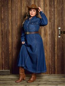EMERY ROSE Plus Size Women Long Sleeve Button Half Placket Casual Washed Denim Shirt Dress - Dark Wash - View 6