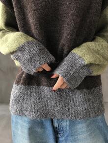 FRIFUL 女士撞色宽松圆领落肩长袖休闲套头毛衣，秋冬款 - 咖啡棕 - 查看 6