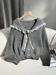 SHEIN Unity 全新秋冬蕾丝边海军蓝学院风可爱甜美水手领开衫 - 灰色 - 查看 1