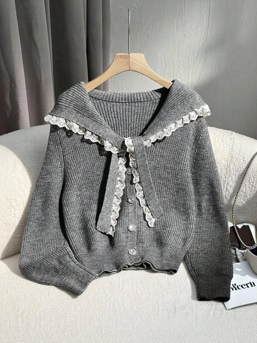 SHEIN Unity 全新秋冬蕾丝边海军蓝学院风可爱甜美水手领开衫 - 灰色 - 查看 1