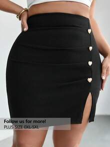 Firerie Plus Size Solid Color Versatile Commuter Split Hem Skirt - Black - View 1