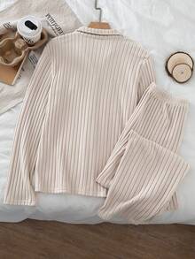 Genkimix Kids Apricot Ribbed Thermal Lined Letter Embroidery Cardigan & Pants Loungewear Set For Teen Girls - Apricot - View 2