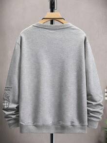 Manfinity Homme 男士休闲日常通勤时尚街头风圆领卫衣，印有建筑图案和标语，宽松版型，保暖内衬，适合秋冬季节穿着，长袖上衣 - 灰色 - 查看 2