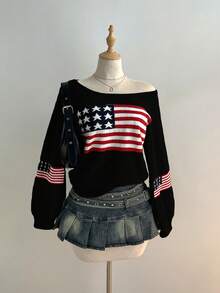 Elamini 女士休闲国旗图案提花针织毛衣，秋冬款 - 彩色 - 查看 3