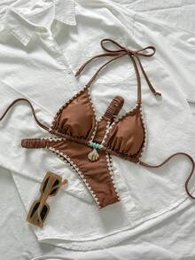 Swim Chiccia Elegant Floral Contrast Color Triangle Bikini Top With Adjustable Straps And Ruched Side Triangle Bottoms, 2pcs Set - Coffee Brown - View 7